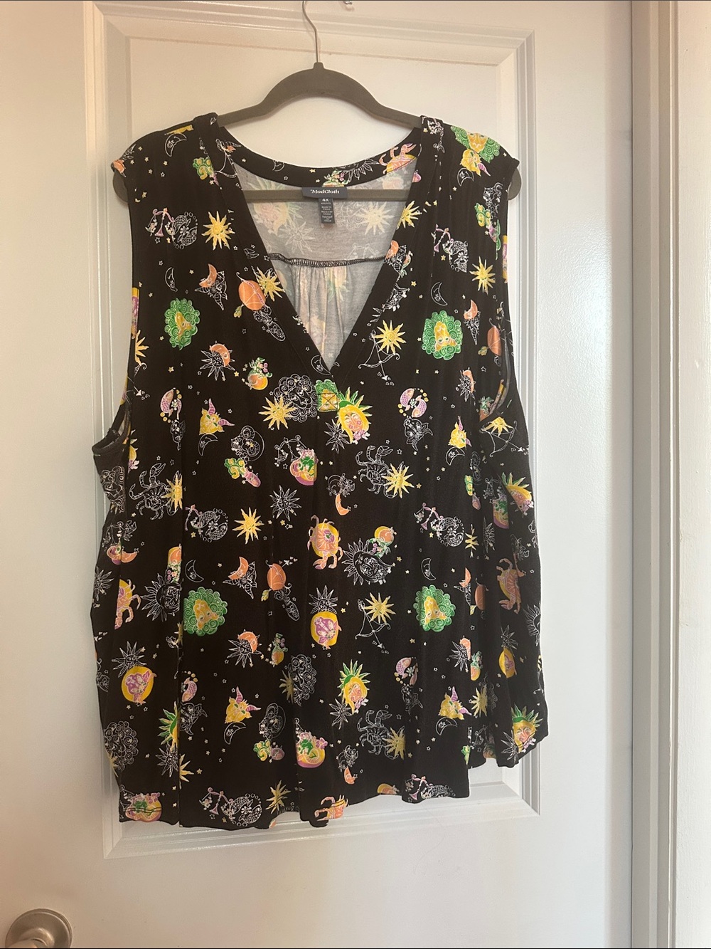ModCloth Black V-Neck Sleeveless Top with Zodiac Celestial Print